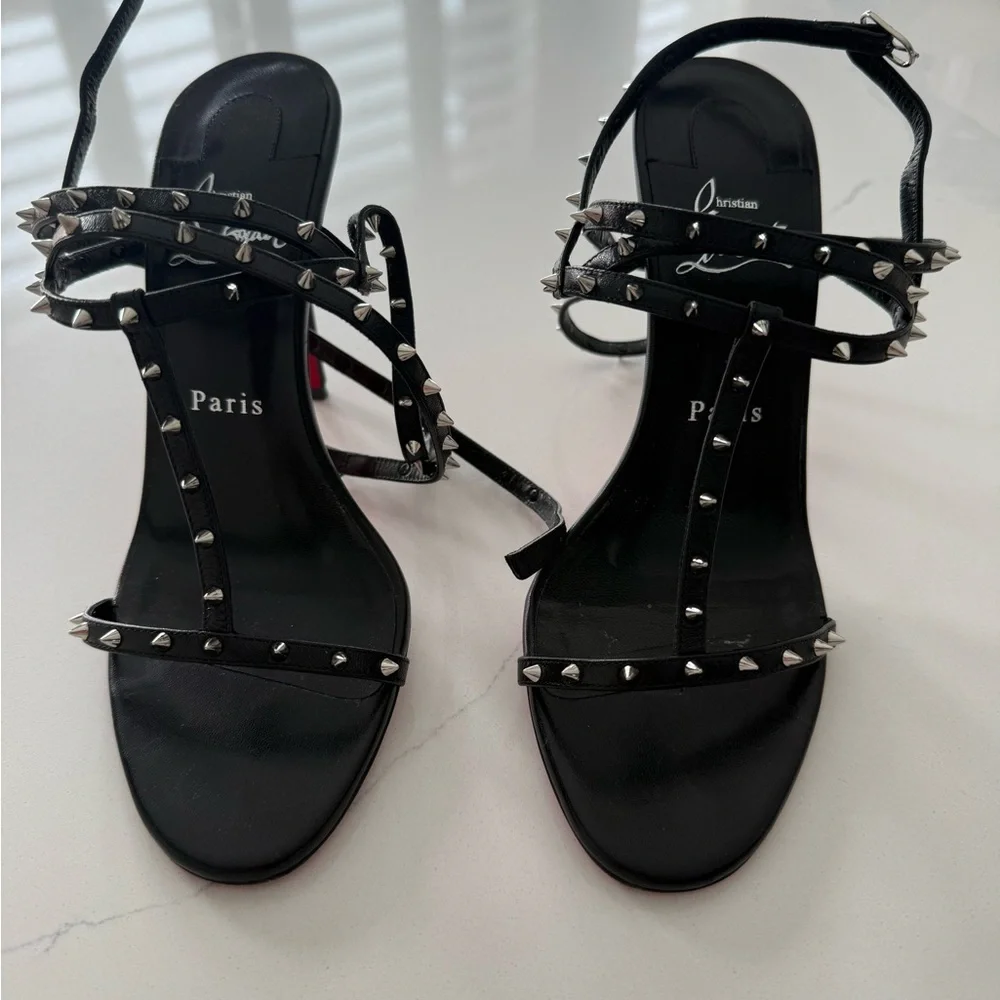 Christian Louboutin Black Strappy Studded Heels - Picture 2 of 6